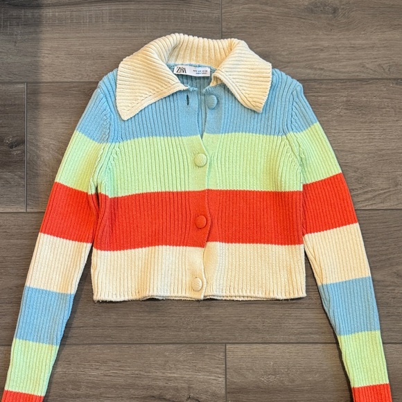 Zara Sweaters - Zara Cream, Blue, Lime & Red Striped Ribbed Button Cardigan